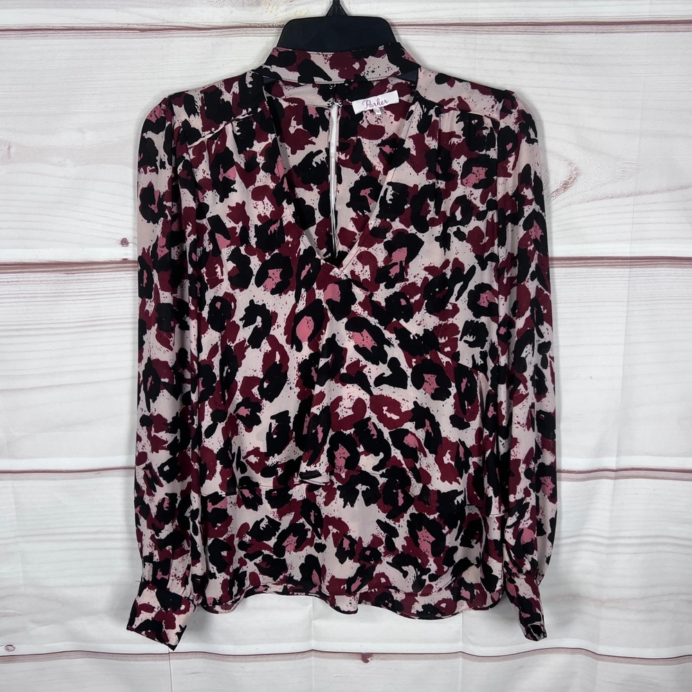 Parker Blouse Womens S Pink Red Black Abstract Animal Print V-Neck Top Pullover